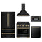 ZLINE 5-Piece Appliance Package - 30-Inch Paramount Gas Range, Wall Mount Range Hood, 36-Inch French Door Refrigerator, Dishwasher, and 30-Inch Microwave Drawer in Black Stainless Steel with Champagne Bronze Accents