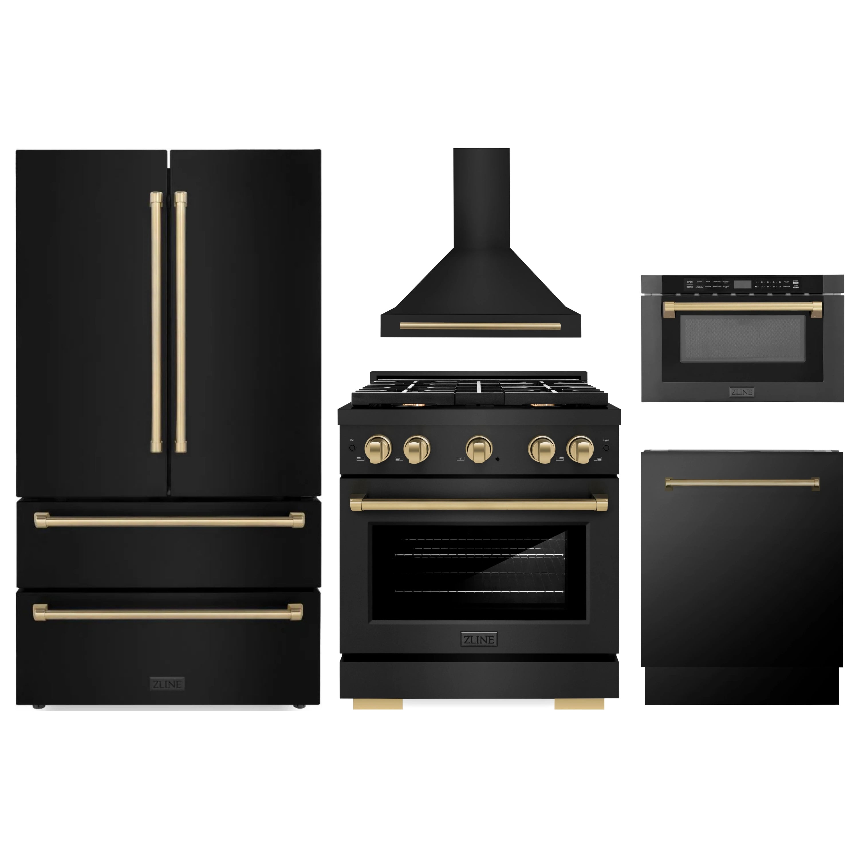 Black stainless steel appliance set with champagne bronze accents: refrigerator, range, hood.