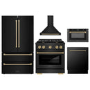 ZLINE 5-Piece Appliance Package - 30-Inch Paramount Gas Range, Wall Mount Range Hood, 36-Inch French Door Refrigerator, Dishwasher, and 30-Inch Microwave Drawer in Black Stainless Steel with Champagne Bronze Accents