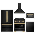 ZLINE 5-Piece Appliance Package - 30-Inch Paramount Gas Range, Wall Mount Range Hood, 36-Inch French Door Refrigerator, Dishwasher, and 24-Inch Microwave Drawer in Black Stainless Steel with Champagne Bronze Accents