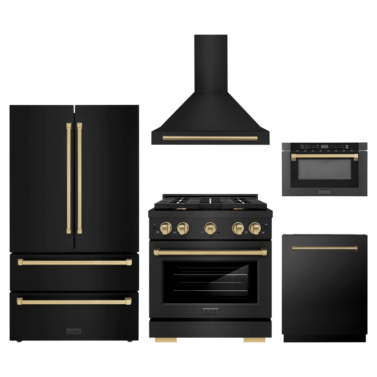 ZLINE 5-Piece Appliance Package - 30-Inch Paramount Gas Range, Wall Mount Range Hood, 36-Inch French Door Refrigerator, Dishwasher, and 24-Inch Microwave Drawer in Black Stainless Steel with Champagne Bronze Accents