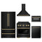ZLINE 5-Piece Appliance Package - 30-Inch Paramount Gas Range, Wall Mount Range Hood, 36-Inch French Door Refrigerator, Dishwasher, and 24-Inch Microwave Drawer in Black Stainless Steel with Champagne Bronze Accents