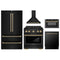 ZLINE 5-Piece Appliance Package - 30-Inch Paramount Gas Range, Wall Mount Range Hood, 36-Inch French Door Refrigerator, Dishwasher, and 30-Inch Microwave Drawer in Black Stainless Steel with Champagne Bronze Accents