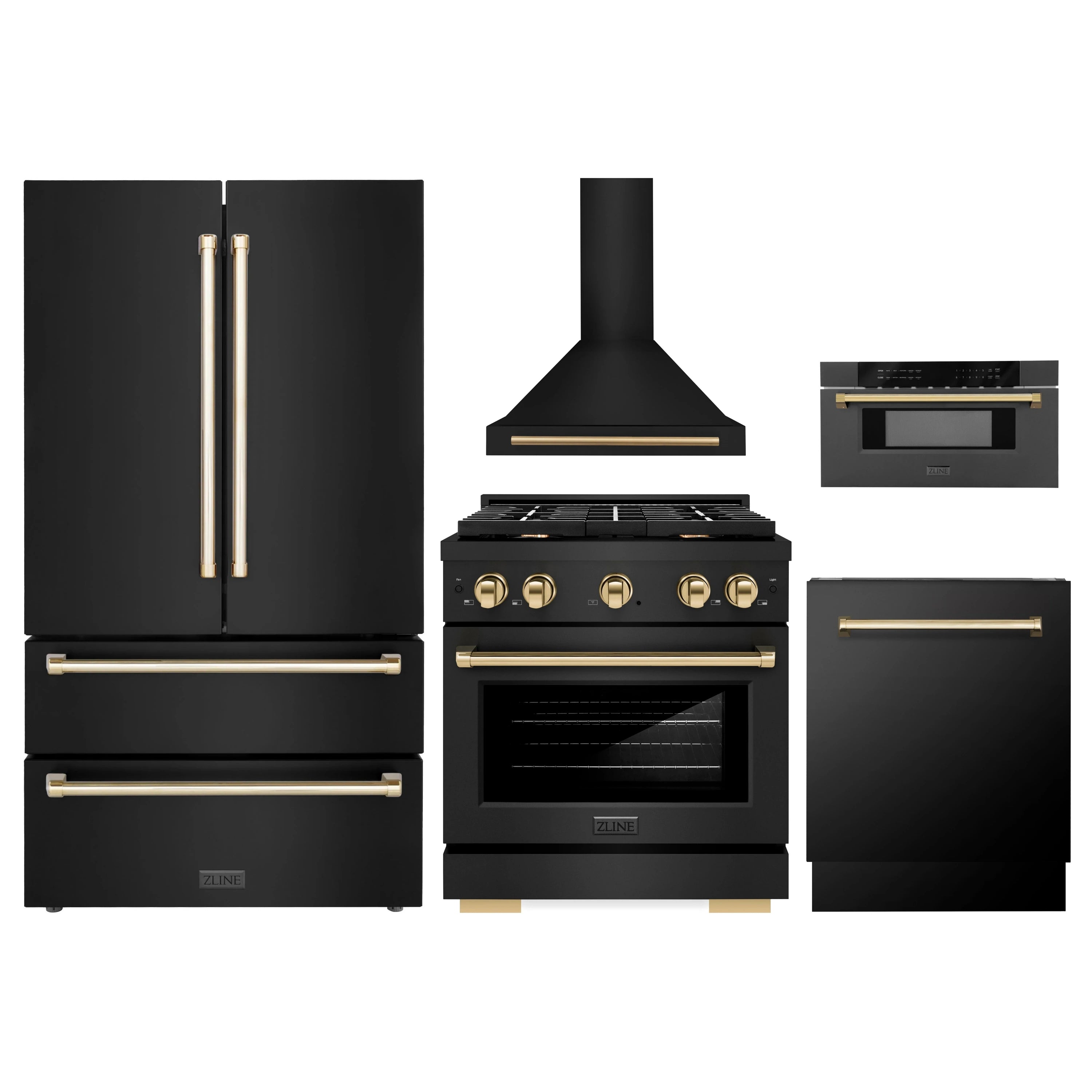 Black appliance package with gold trim, including range, hood, and microwave drawer