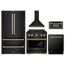 ZLINE 5-Piece Appliance Package - 30-Inch Paramount Gas Range, Wall Mount Range Hood, 36-Inch French Door Refrigerator, Dishwasher, and 30-Inch Microwave Drawer in Black Stainless Steel with Gold Accents