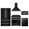 ZLINE 5-Piece Appliance Package - 30-Inch Paramount Gas Range, Wall Mount Range Hood, 36-Inch French Door Refrigerator, Dishwasher, and 30-Inch Microwave Drawer in Black Stainless Steel with Gold Accents