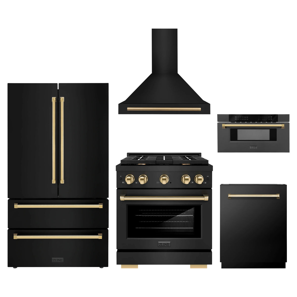 ZLINE 5-Piece Appliance Package - 30-Inch Paramount Gas Range, Wall Mount Range Hood, 36-Inch French Door Refrigerator, Dishwasher, and 30-Inch Microwave Drawer in Black Stainless Steel with Gold Accents