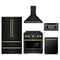 ZLINE 5-Piece Appliance Package - 30-Inch Paramount Gas Range, Wall Mount Range Hood, 36-Inch French Door Refrigerator, Dishwasher, and 30-Inch Microwave Drawer in Black Stainless Steel with Gold Accents