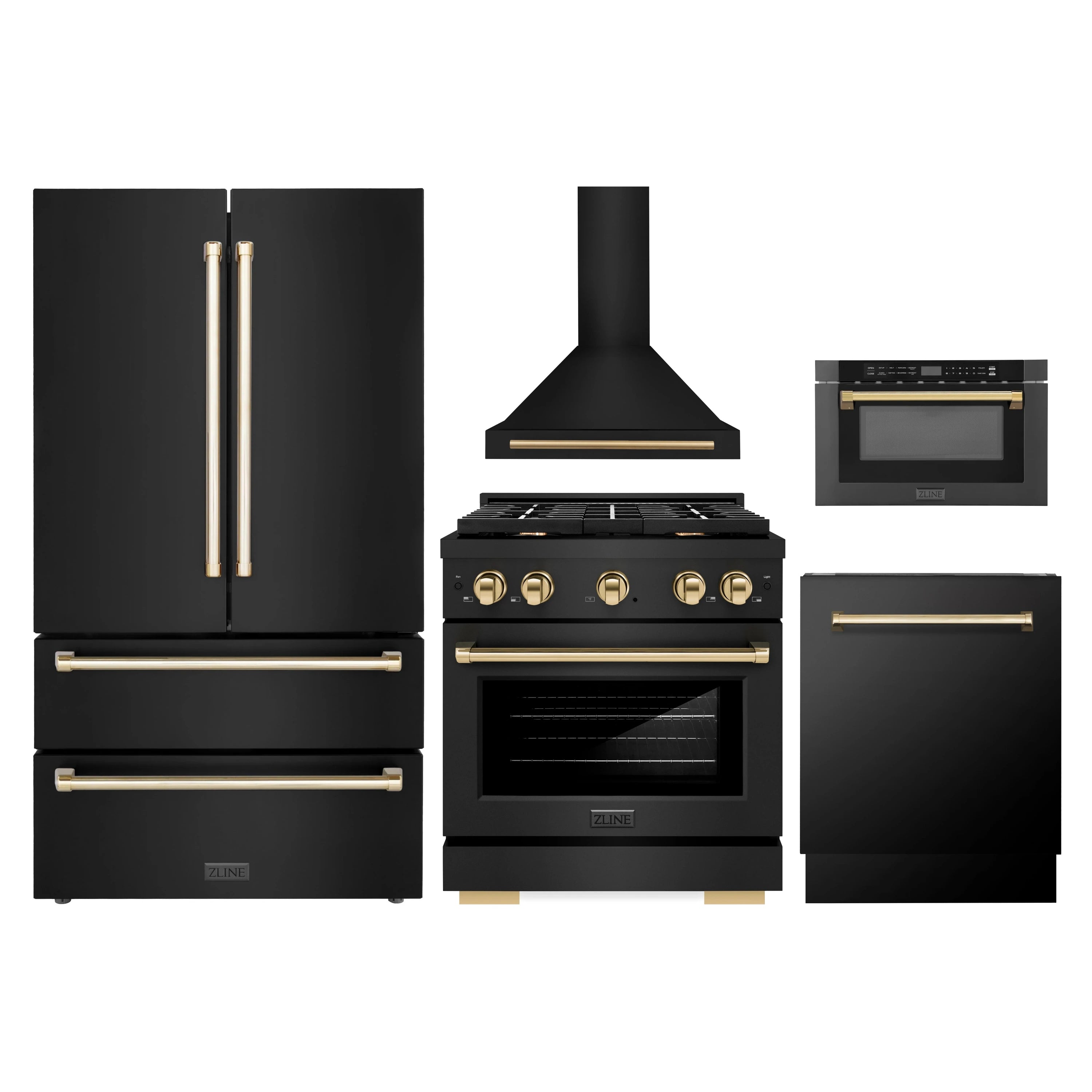 Black stainless appliance set with gold accents, refrigerator, range, hood, microwave