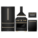 ZLINE 5-Piece Appliance Package - 30-Inch Paramount Gas Range, Wall Mount Range Hood, 36-Inch French Door Refrigerator, Dishwasher, and 30-Inch Microwave Drawer in Black Stainless Steel with Gold Accents