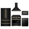 ZLINE 5-Piece Appliance Package - 30-Inch Paramount Gas Range, Wall Mount Range Hood, 36-Inch French Door Refrigerator, Dishwasher, and 24-Inch Microwave Drawer in Black Stainless Steel with Gold Accents
