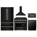 ZLINE 5-Piece Appliance Package - 36-Inch Paramount Gas Range, Wall Mount Range Hood, 36-Inch French Door Refrigerator, Dishwasher, and 30-Inch Microwave Drawer in Black Stainless Steel with Champagne Bronze Accents