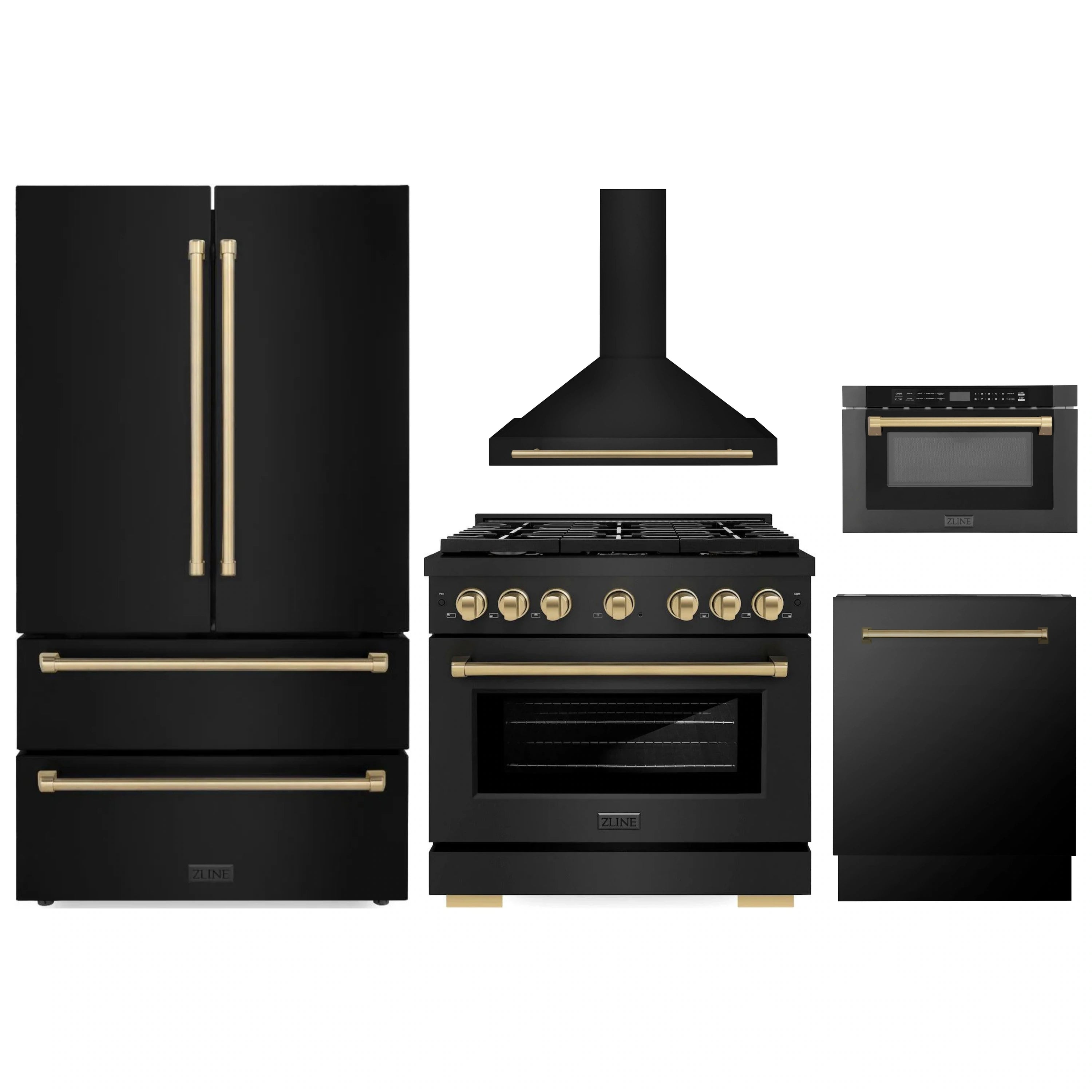 Black stainless steel appliance package set with bronze accents: refrigerator, gas range, hood, microwave