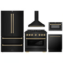 ZLINE 5-Piece Appliance Package - 36-Inch Paramount Gas Range, Wall Mount Range Hood, 36-Inch French Door Refrigerator, Dishwasher, and 30-Inch Microwave Drawer in Black Stainless Steel with Champagne Bronze Accents