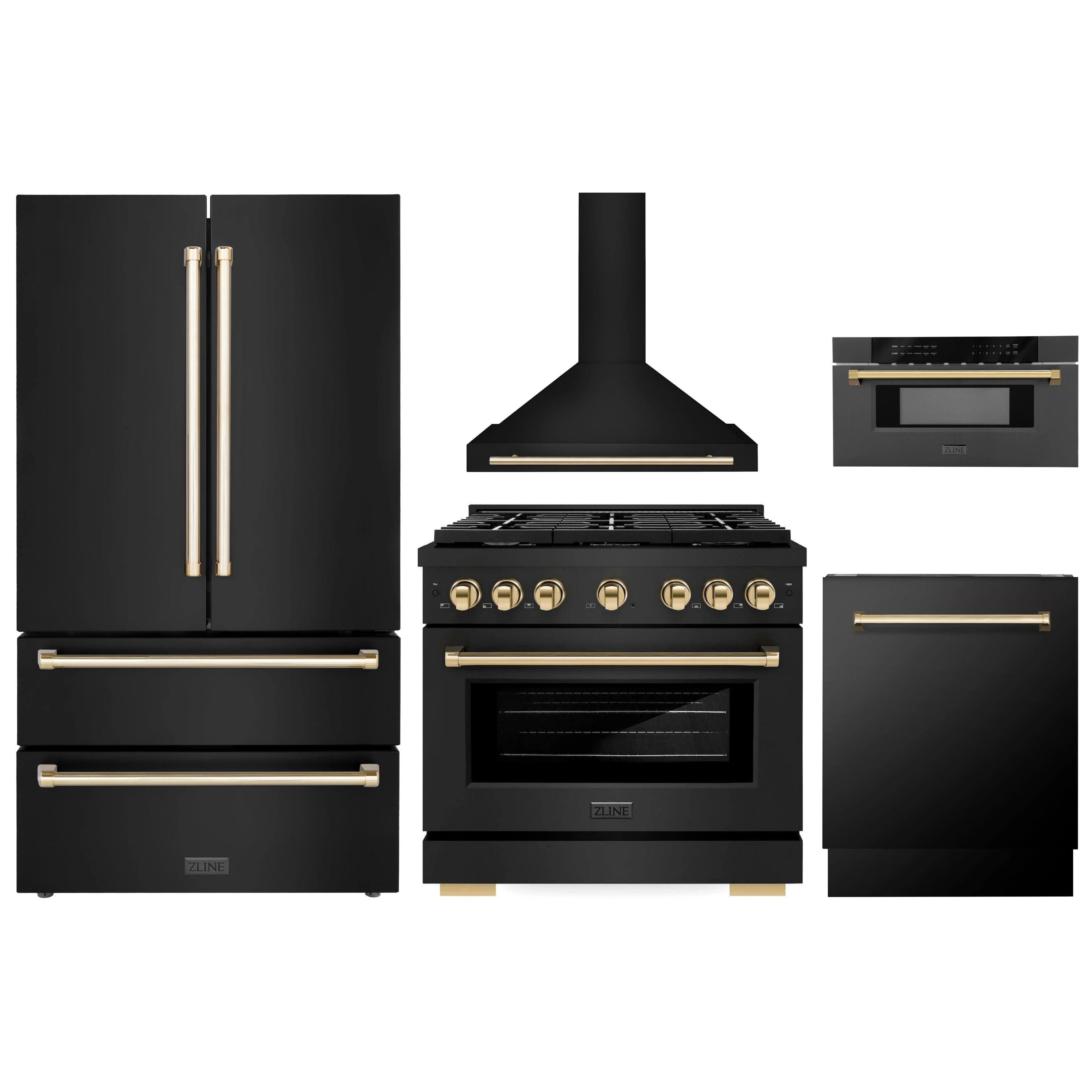 Black stainless appliance package set with gold accents: refrigerator, range, hood