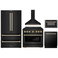 ZLINE 5-Piece Appliance Package - 36-Inch Paramount Gas Range, Wall Mount Range Hood, 36-Inch French Door Refrigerator, Dishwasher, and 24-Inch Microwave Drawer in Black Stainless Steel with Gold Accents