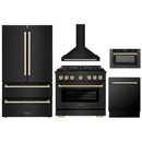 ZLINE 5-Piece Appliance Package - 36-Inch Paramount Gas Range, Wall Mount Range Hood, 36-Inch French Door Refrigerator, Dishwasher, and 30-Inch Microwave Drawer in Black Stainless Steel with Gold Accents