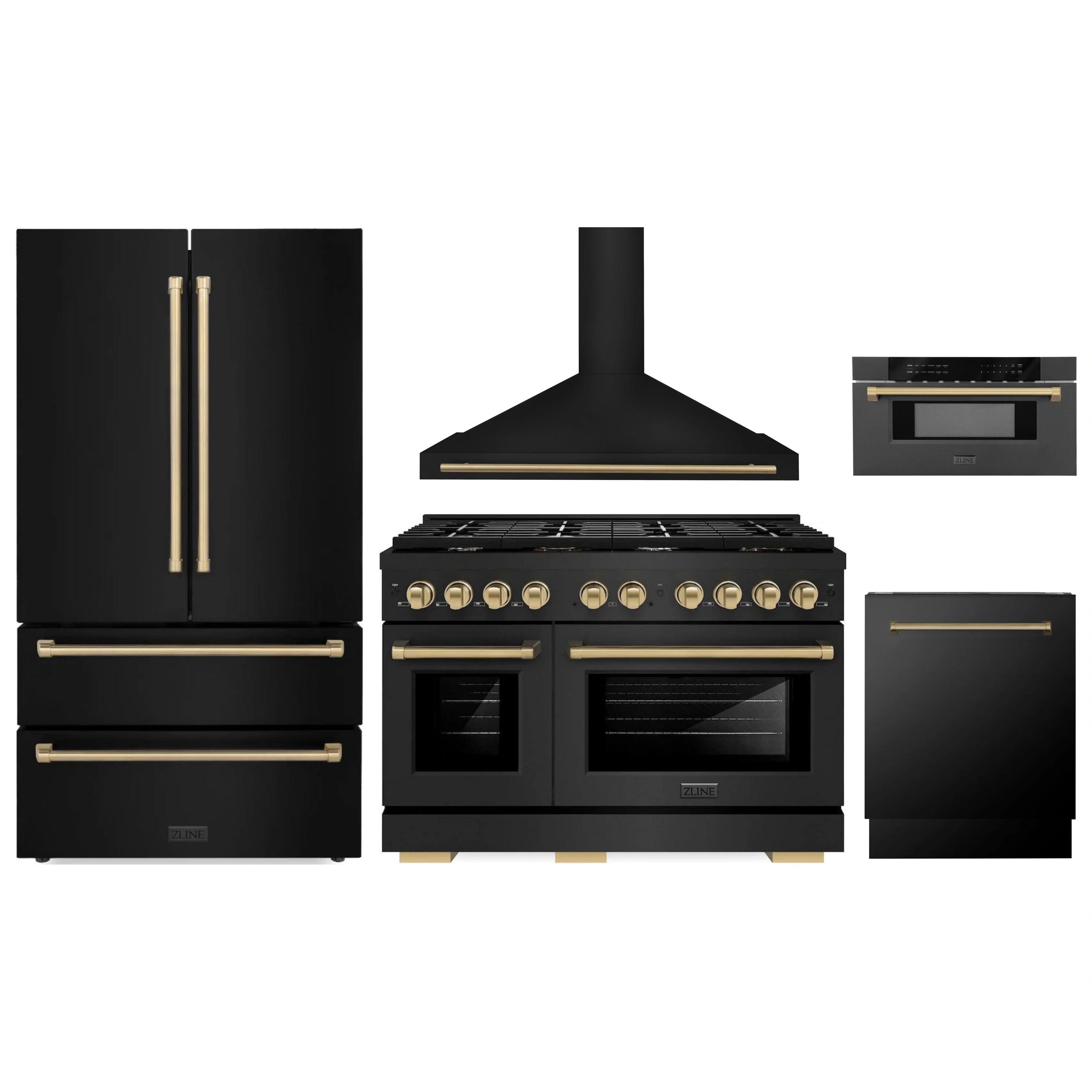 ZLINE 5-piece black stainless appliance package with champagne bronze trim accents