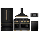 ZLINE 5-Piece Appliance Package - 48-Inch Paramount Gas Range, Wall Mount Range Hood, 36-Inch French Door Refrigerator, Dishwasher, and 30-Inch Microwave Drawer in Black Stainless Steel with Champagne Bronze Accents