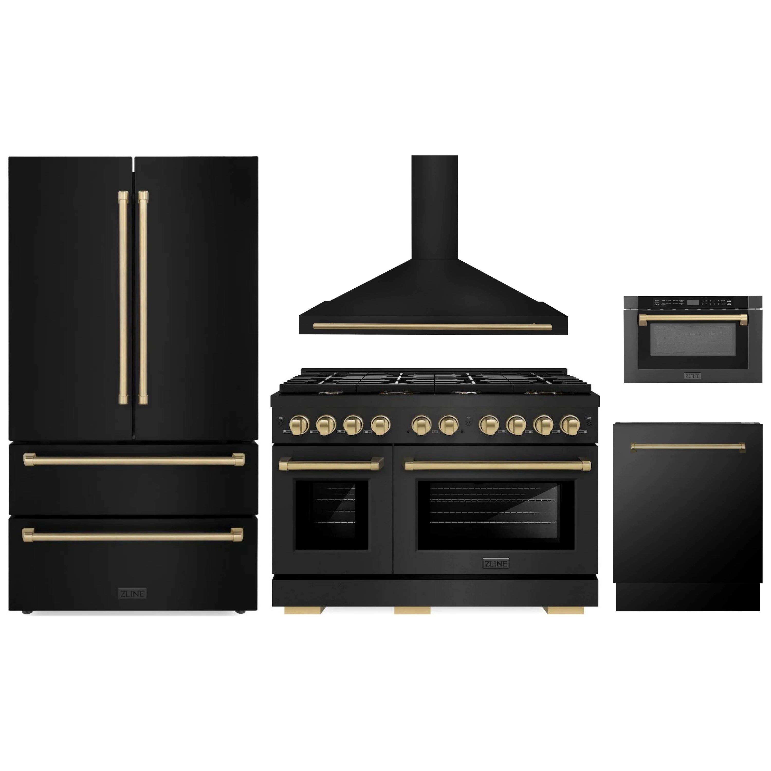 Black stainless steel appliance package set with range, hood, fridge, dishwasher, microwave