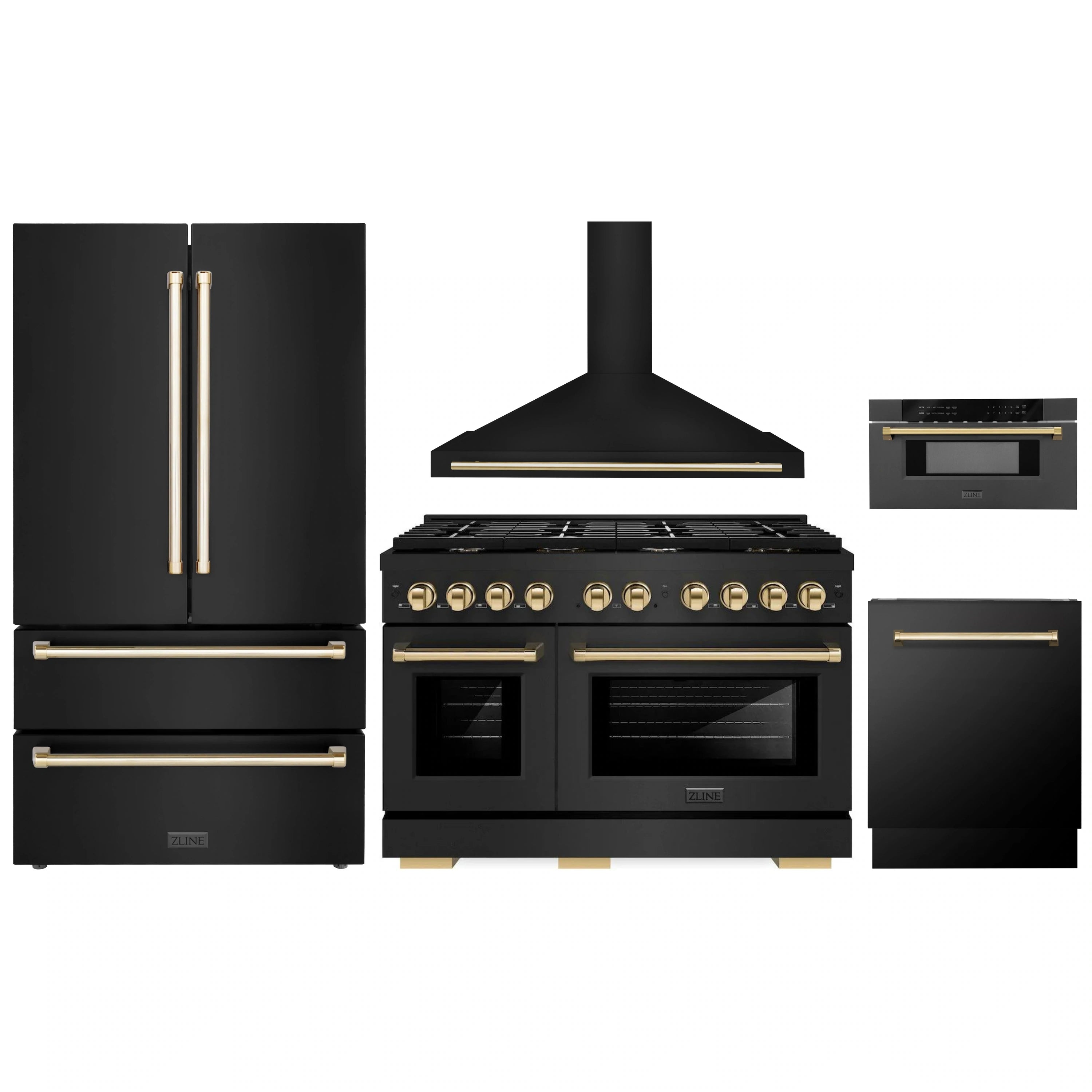 Black gas range with gold control knobs and matching gold oven handles