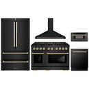 ZLINE 5-Piece Appliance Package - 48-Inch Paramount Gas Range, Wall Mount Range Hood, 36-Inch French Door Refrigerator, Dishwasher, and 30-Inch Microwave Drawer in Black Stainless Steel with Gold Accents