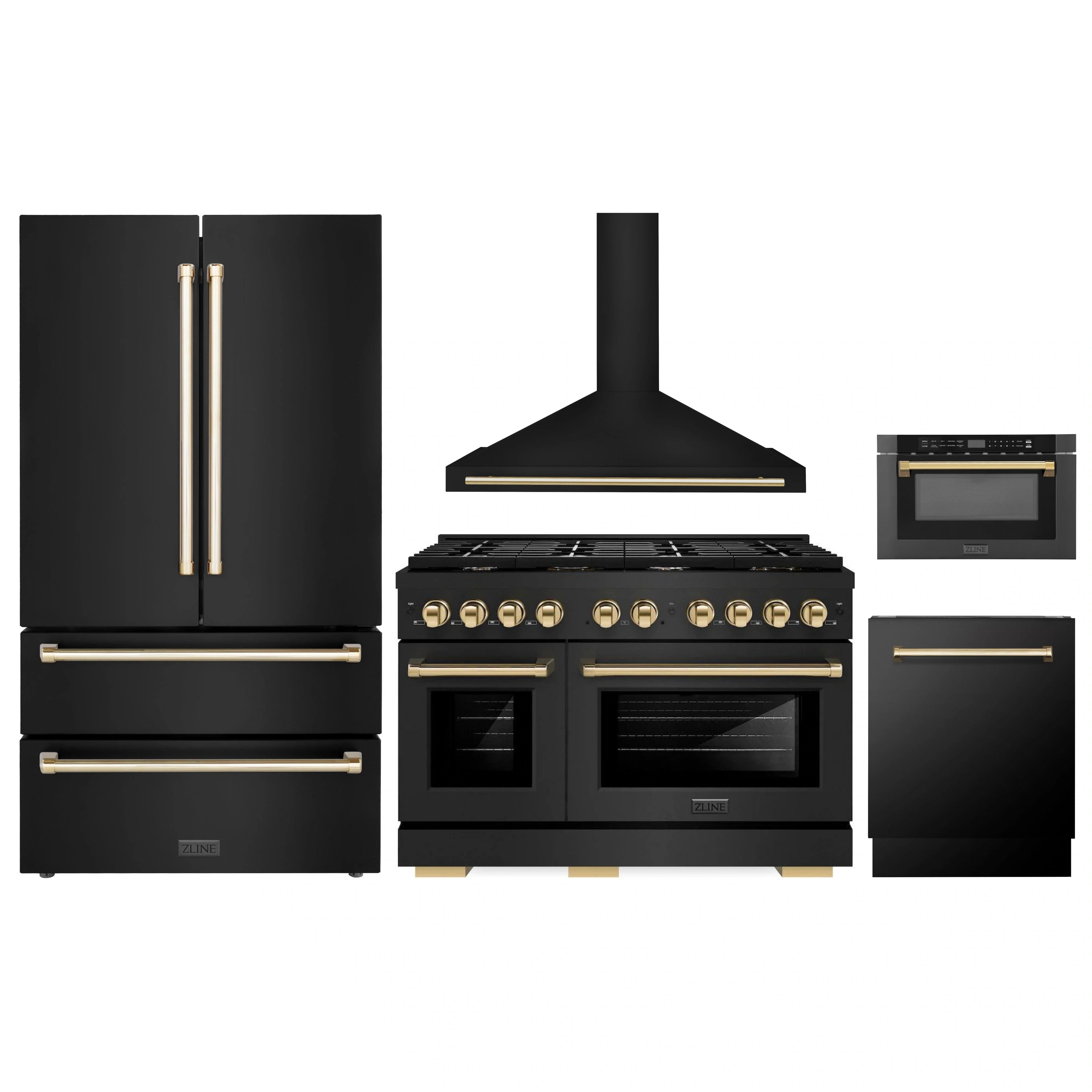 Black stainless appliance set with gold-accent range hood and oven, plus other units