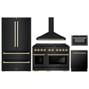 ZLINE 5-Piece Appliance Package - 48-Inch Paramount Gas Range, Wall Mount Range Hood, 36-Inch French Door Refrigerator, Dishwasher, and 30-Inch Microwave Drawer in Black Stainless Steel with Gold Accents