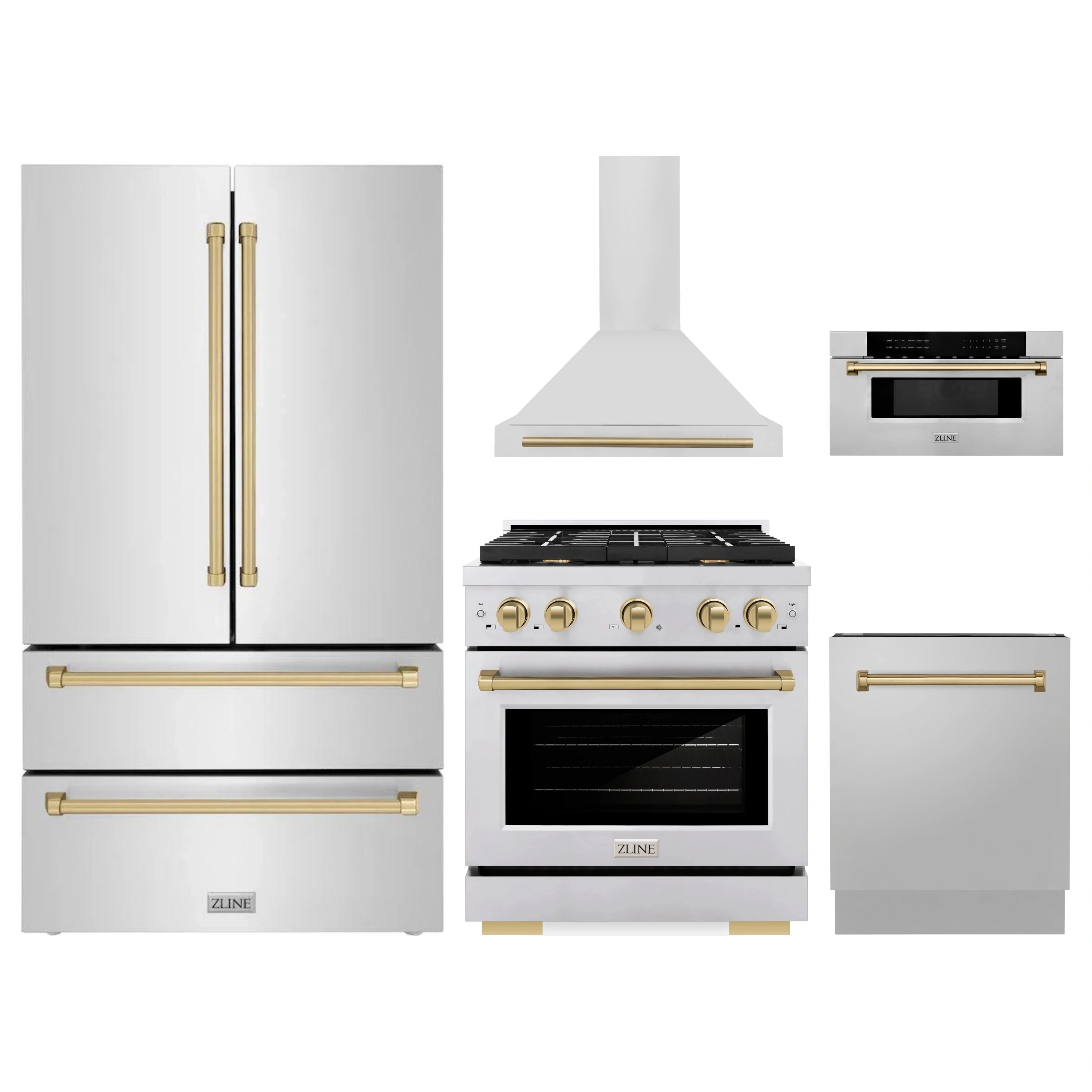 Stainless steel appliance package set with range, hood, refrigerator, dishwasher, microwave