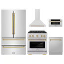 ZLINE 5-Piece Appliance Package - 30-Inch Paramount Autograph Gas Range, Wall Mount Range Hood, 36-Inch French Door Refrigerator, Dishwasher, and 30-Inch Microwave Drawer in Stainless Steel with Champagne Bronze Accents