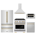 ZLINE 5-Piece Appliance Package - 30-Inch Paramount Autograph Gas Range, Wall Mount Range Hood, 36-Inch French Door Refrigerator, Dishwasher, and 30-Inch Microwave Drawer in Stainless Steel with Champagne Bronze Accents