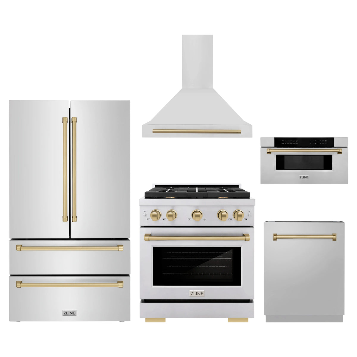 ZLINE 5-Piece Appliance Package - 30-Inch Paramount Autograph Gas Range, Wall Mount Range Hood, 36-Inch French Door Refrigerator, Dishwasher, and 30-Inch Microwave Drawer in Stainless Steel with Champagne Bronze Accents