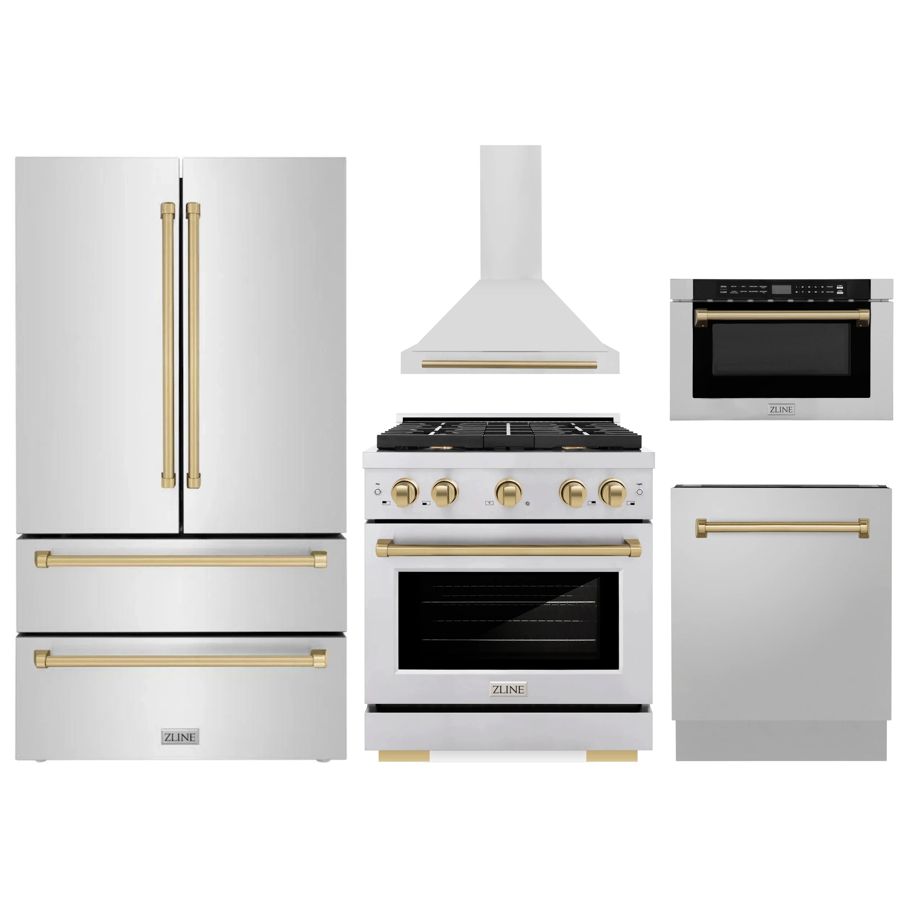 Stainless steel appliance set with champagne bronze accents, including range and hood