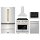 ZLINE 5-Piece Appliance Package - 30-Inch Paramount Autograph Gas Range, Wall Mount Range Hood, 36-Inch French Door Refrigerator, Dishwasher, and 30-Inch Microwave Drawer in Stainless Steel with Champagne Bronze Accents