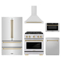 ZLINE 5-Piece Appliance Package - 30-Inch Paramount Autograph Gas Range, Wall Mount Range Hood, 36-Inch French Door Refrigerator, Dishwasher, and 24-Inch Microwave Drawer in Stainless Steel with Champagne Bronze Accents