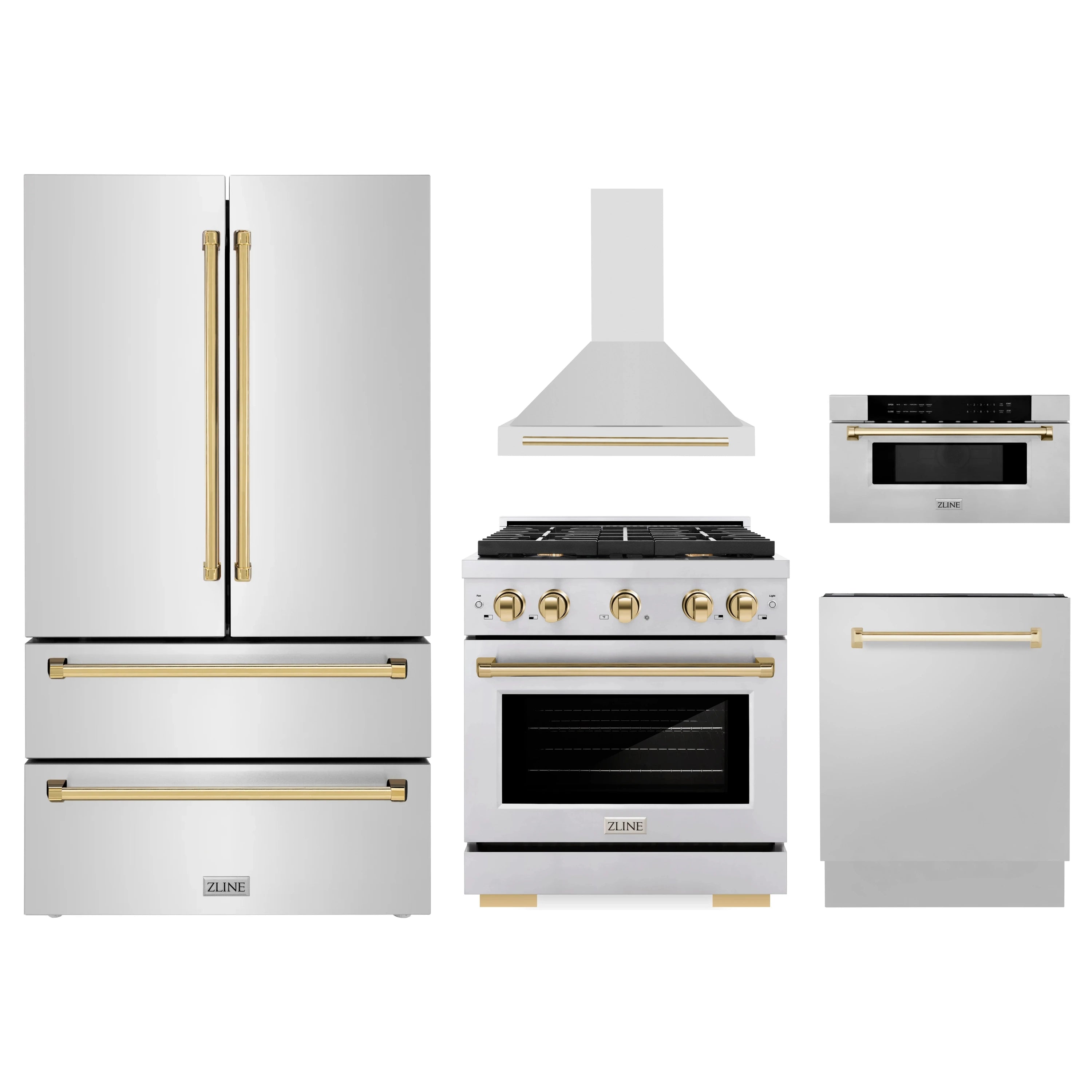 Stainless steel appliance package with gold-accent handles: fridge, range, hood