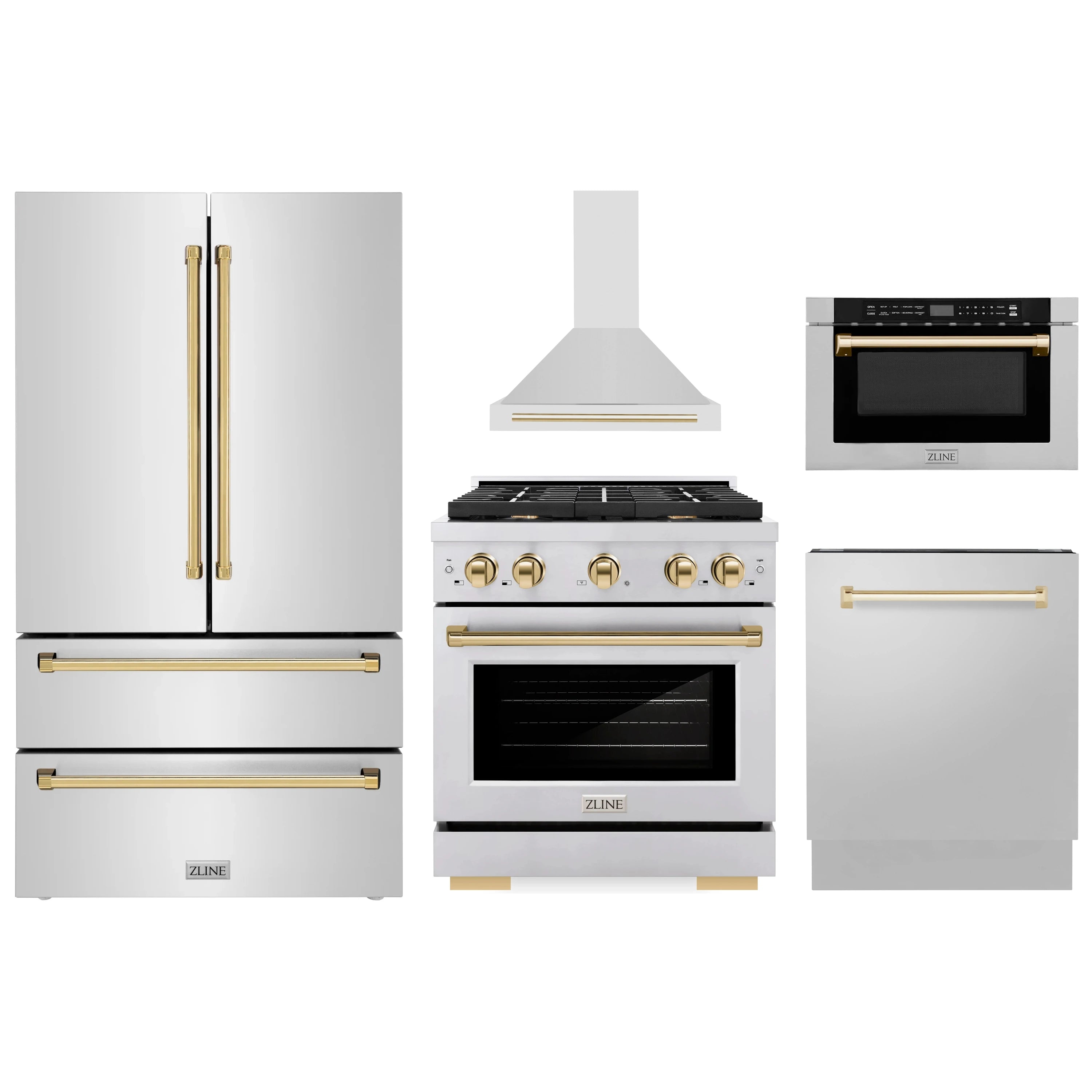 Stainless steel appliance set with refrigerator, gas range, wall hood, and microwave drawer