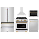 ZLINE 5-Piece Appliance Package - 30-Inch Paramount Autograph Gas Range, Wall Mount Range Hood, 36-Inch French Door Refrigerator, Dishwasher, and 30-Inch Microwave Drawer in Stainless Steel with Gold Accents