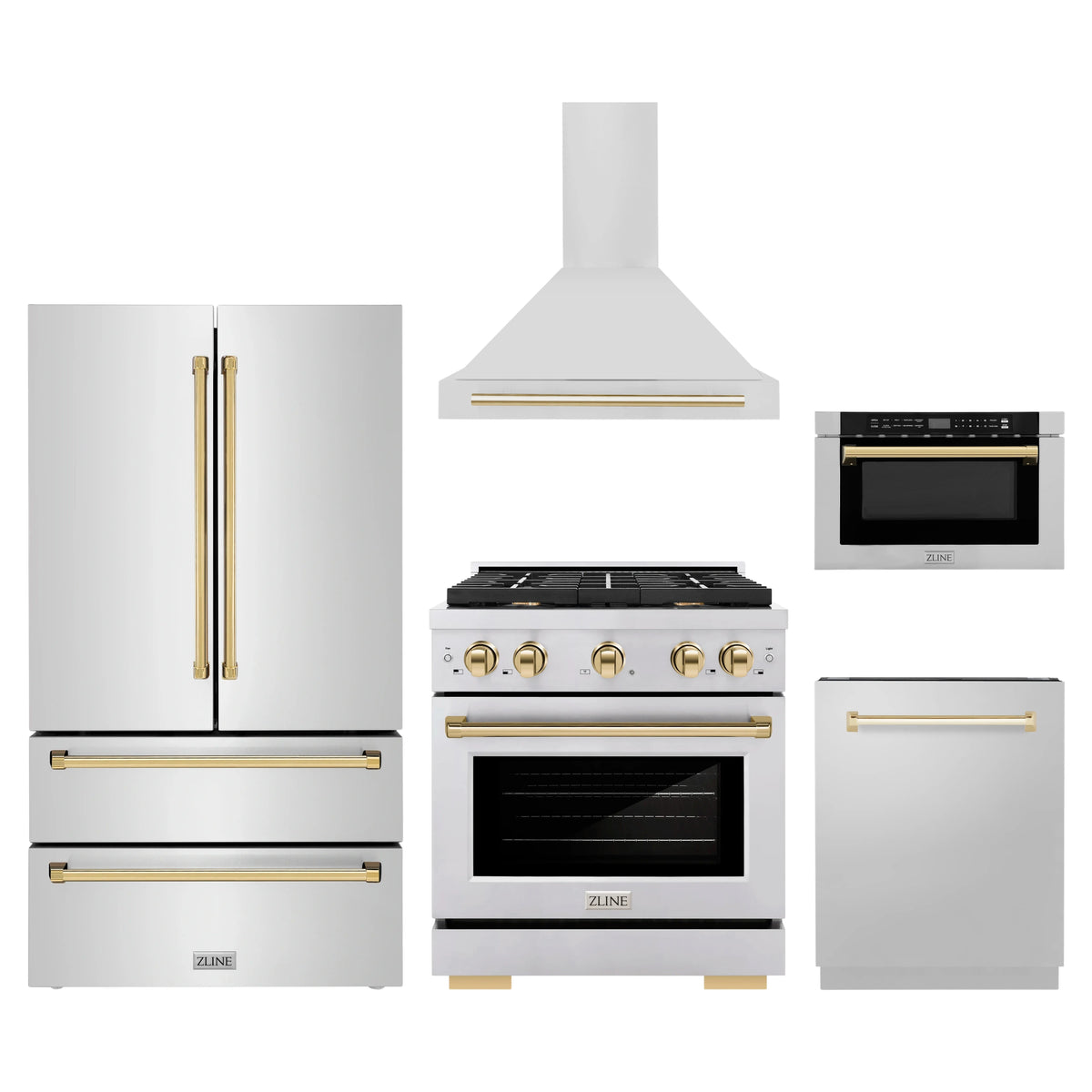 ZLINE 5-Piece Appliance Package - 30-Inch Paramount Autograph Gas Range, Wall Mount Range Hood, 36-Inch French Door Refrigerator, Dishwasher, and 24-Inch Microwave Drawer in Stainless Steel with Gold Accents