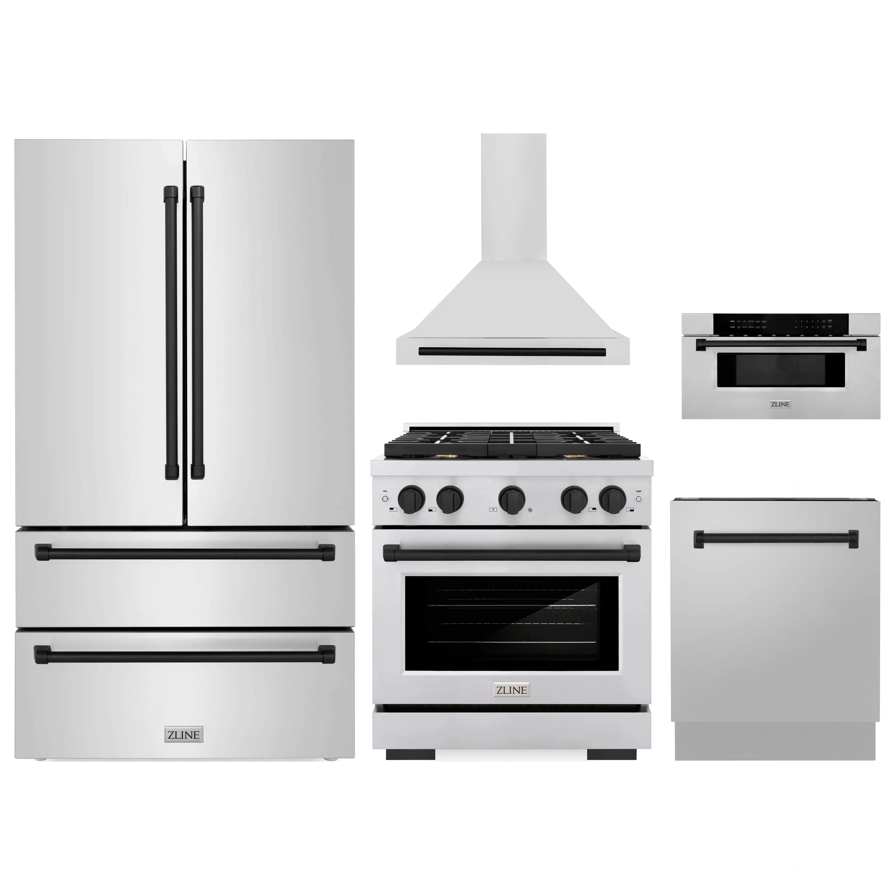 Stainless steel appliance package with refrigerator, gas range, wall hood, and dishwasher