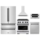 ZLINE 5-Piece Appliance Package - 30-Inch Paramount Autograph Gas Range, Wall Mount Range Hood, 36-Inch French Door Refrigerator, Dishwasher, and 30-Inch Microwave Drawer in Stainless Steel with Matte Black Accents