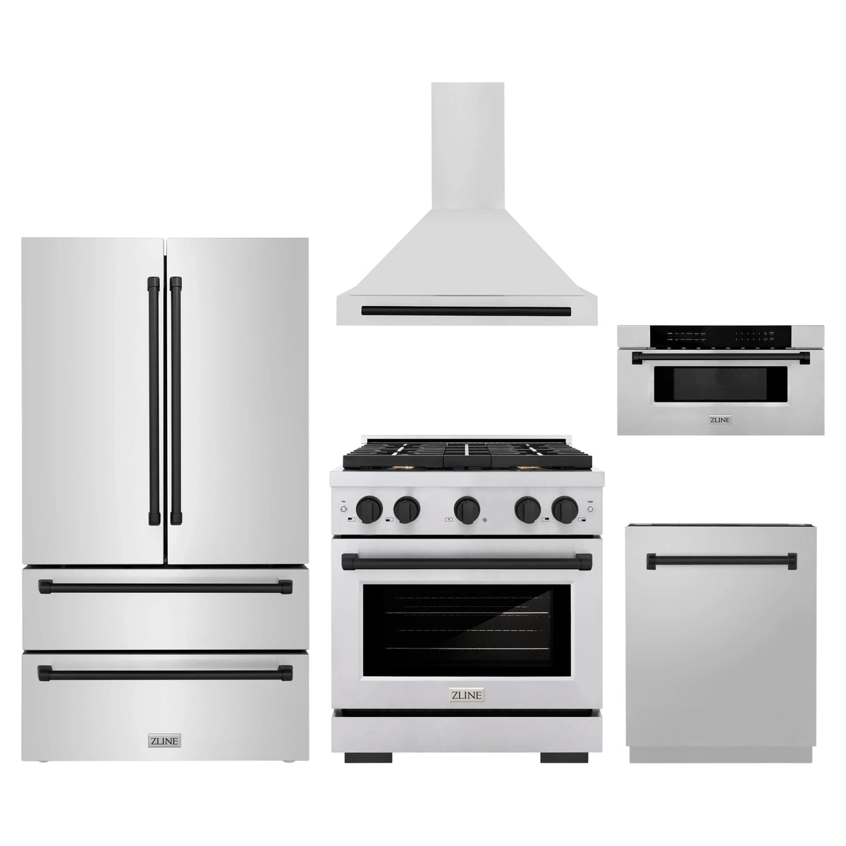 ZLINE 5-Piece Appliance Package - 30-Inch Paramount Autograph Gas Range, Wall Mount Range Hood, 36-Inch French Door Refrigerator, Dishwasher, and 30-Inch Microwave Drawer in Stainless Steel with Matte Black Accents