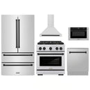 ZLINE 5-Piece Appliance Package - 30-Inch Paramount Autograph Gas Range, Wall Mount Range Hood, 36-Inch French Door Refrigerator, Dishwasher, and 30-Inch Microwave Drawer in Stainless Steel with Matte Black Accents