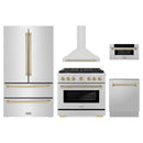 ZLINE 5-Piece Appliance Package - 36-Inch Paramount Autograph Gas Range, Wall Mount Range Hood, 36-Inch French Door Refrigerator, Dishwasher, and 30-Inch Microwave Drawer in Stainless Steel with Champagne Bronze Accents
