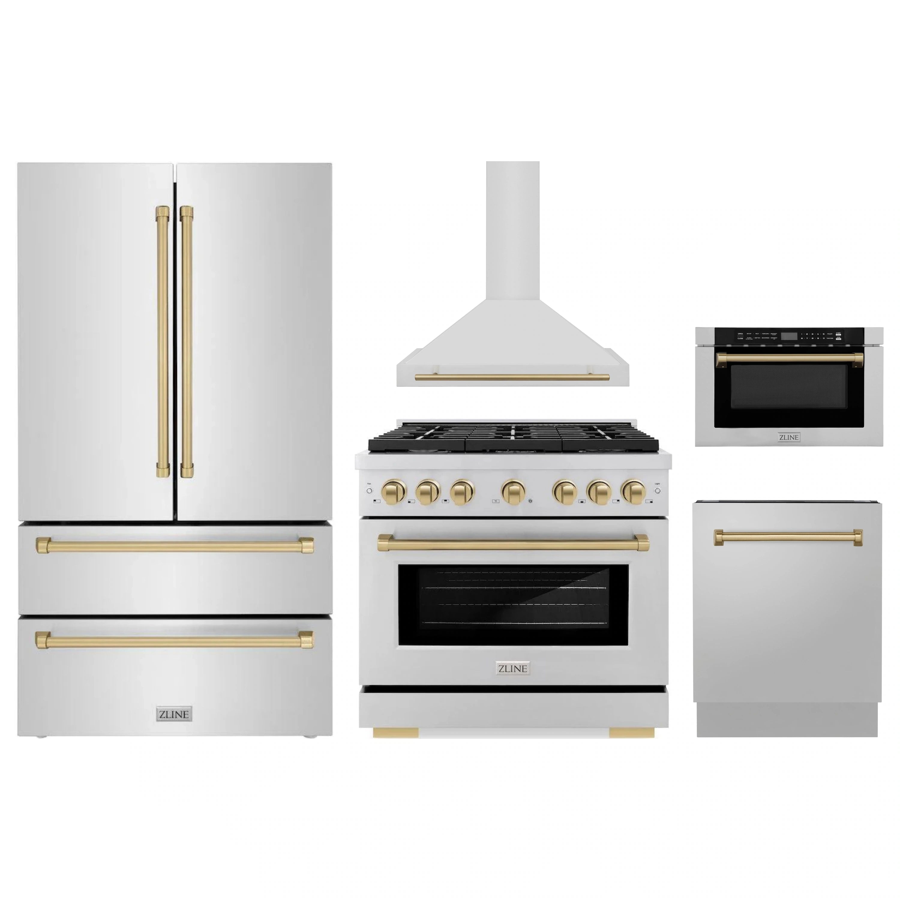 Stainless steel appliance package with gold-accent range hood, stove, and microwave