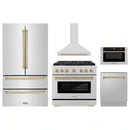 ZLINE 5-Piece Appliance Package - 36-Inch Paramount Autograph Gas Range, Wall Mount Range Hood, 36-Inch French Door Refrigerator, Dishwasher, and 30-Inch Microwave Drawer in Stainless Steel with Champagne Bronze Accents