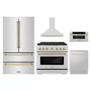 ZLINE 5-Piece Appliance Package - 36-Inch Paramount Autograph Gas Range, Wall Mount Range Hood, 36-Inch French Door Refrigerator, Dishwasher, and 30-Inch Microwave Drawer in Stainless Steel with Gold Accents