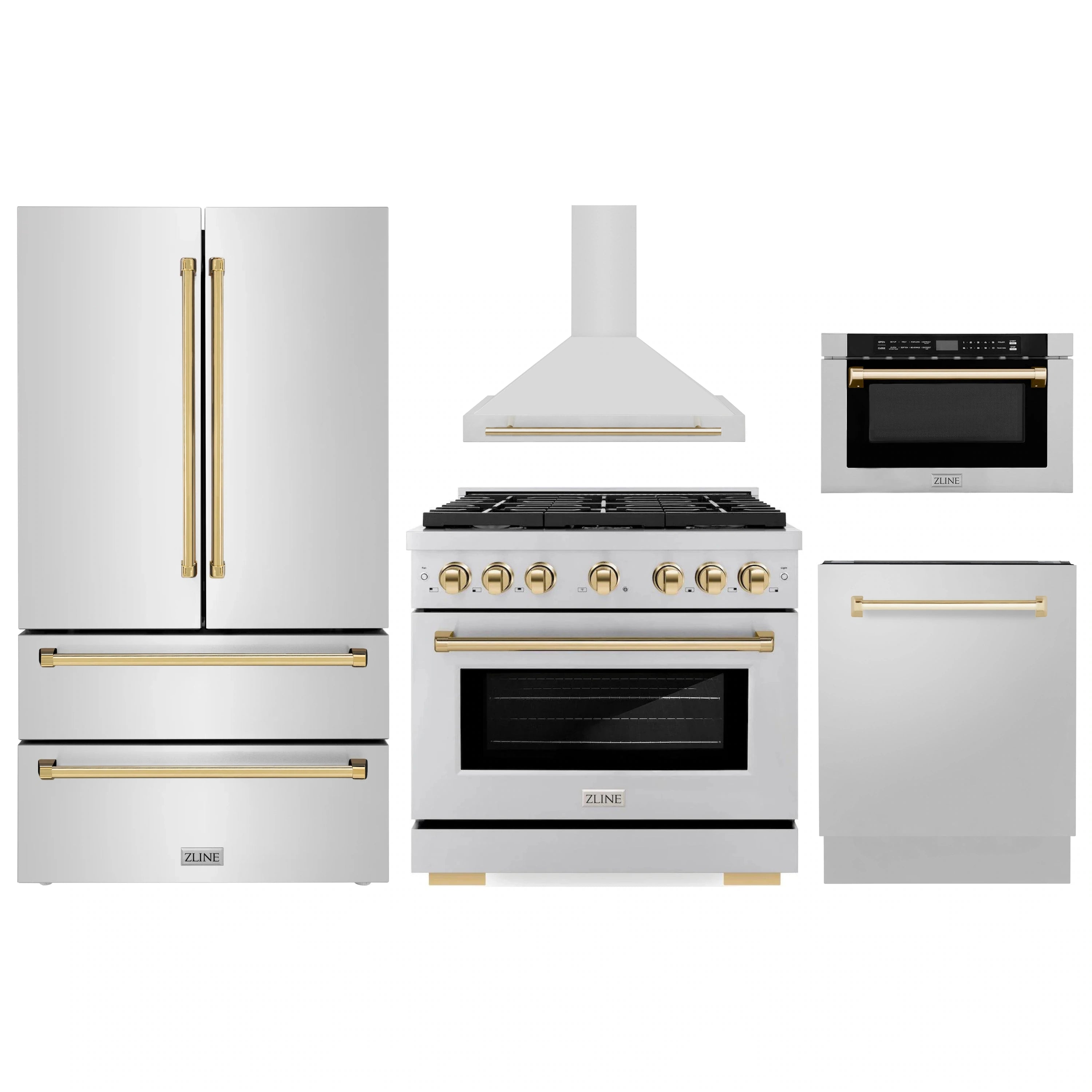 Stainless appliance package set with refrigerator, gas range, microwave drawer, and hood