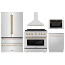 ZLINE 5-Piece Appliance Package - 36-Inch Paramount Autograph Gas Range, Wall Mount Range Hood, 36-Inch French Door Refrigerator, Dishwasher, and 30-Inch Microwave Drawer in Stainless Steel with Gold Accents