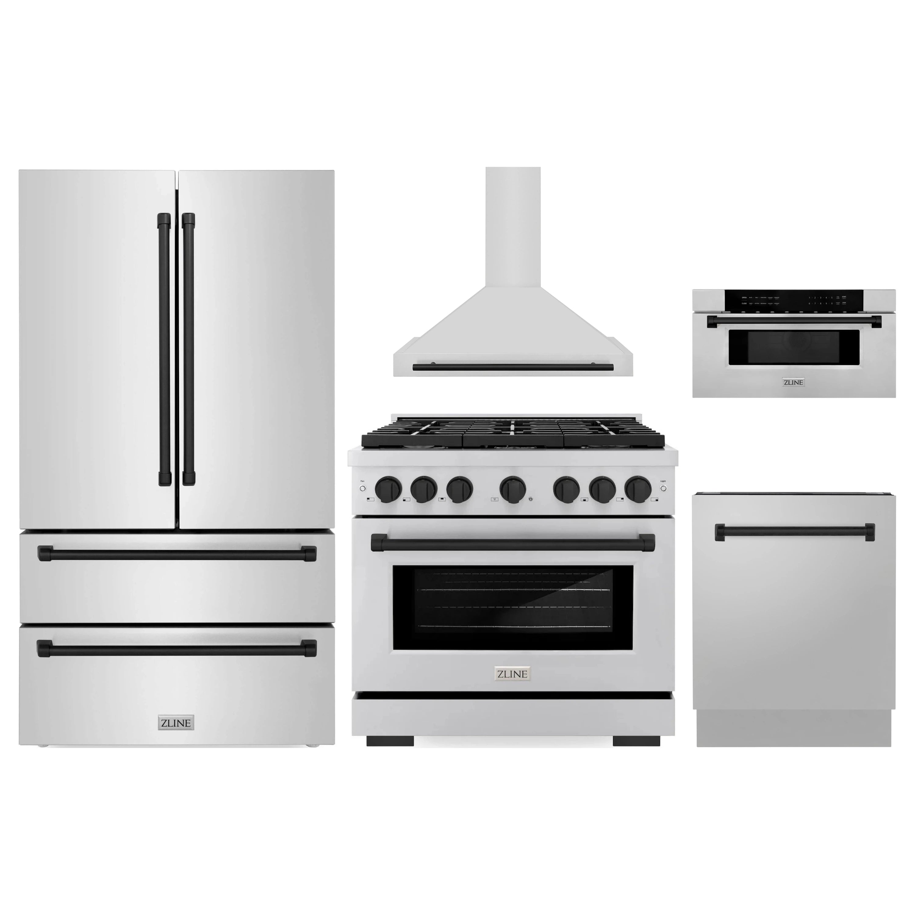 Stainless steel appliance package with gas range, hood, microwave, and refrigerator